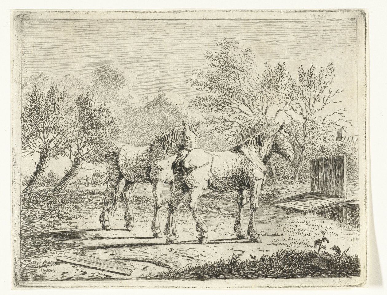 Legelő táj két lóval a híd és a farm közelében alkotó: Cornelis  Bisschop