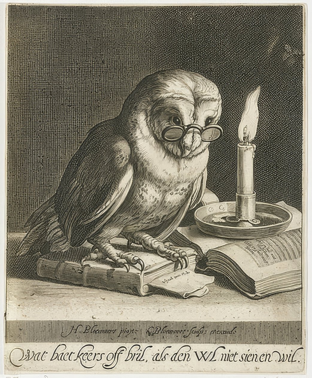 Bagoly szemüveggel és könyvekkel. 1625 körül alkotó: Cornelis Bloemaert