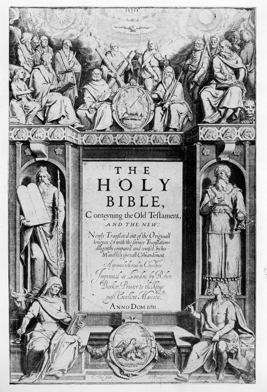 A "Szent Biblia" címlapképe, kiadó: Robert Barker, 1611. alkotó: Cornelis Boel