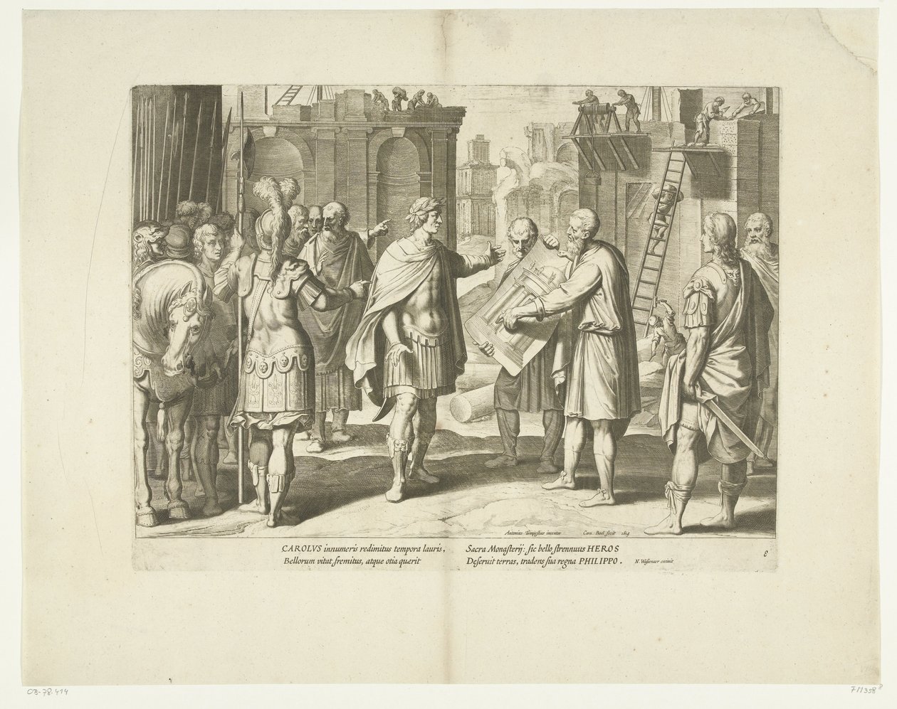 Karel V laat een klooster bouwen, 1555, nr. 8 Jelenetek uit het leven van Karel V (sorozat címe) V. Károly császár élete nagyon szép mélynyomatokban, a híres A. Tempeste terveire vésve, a két legügyesebb mester, J. de Gein & alkotó: Cornelis Boel