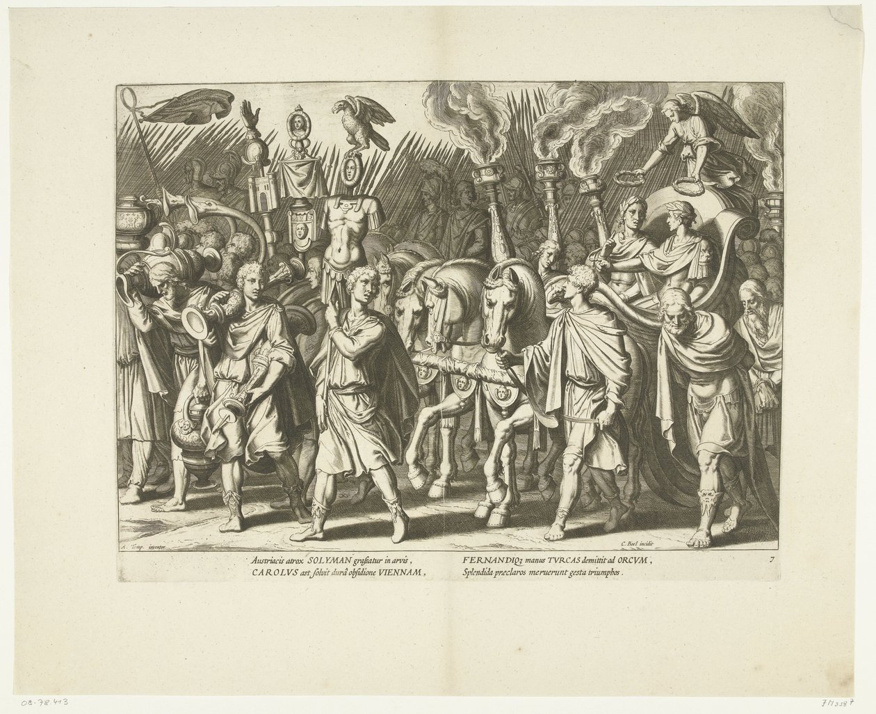 Triomfwagen van Karel V en Ferdinand, na de bevrijding van Wenen van de Turken, kb. 1532, sz. 7 Jelenetek uit het leven van Karel V (sorozat címe) V. Károly császár élete nagyon szép mélynyomatokban, a híres A. Tempest terveire vésve. alkotó: Cornelis Boel