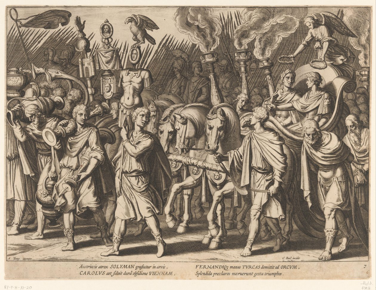 V. Károly és testvére I. Ferdinánd győzelmi menete Bécs felszabadítása után, 1529 V. Károly diadalai (sorozat címe) alkotó: Cornelis Boel