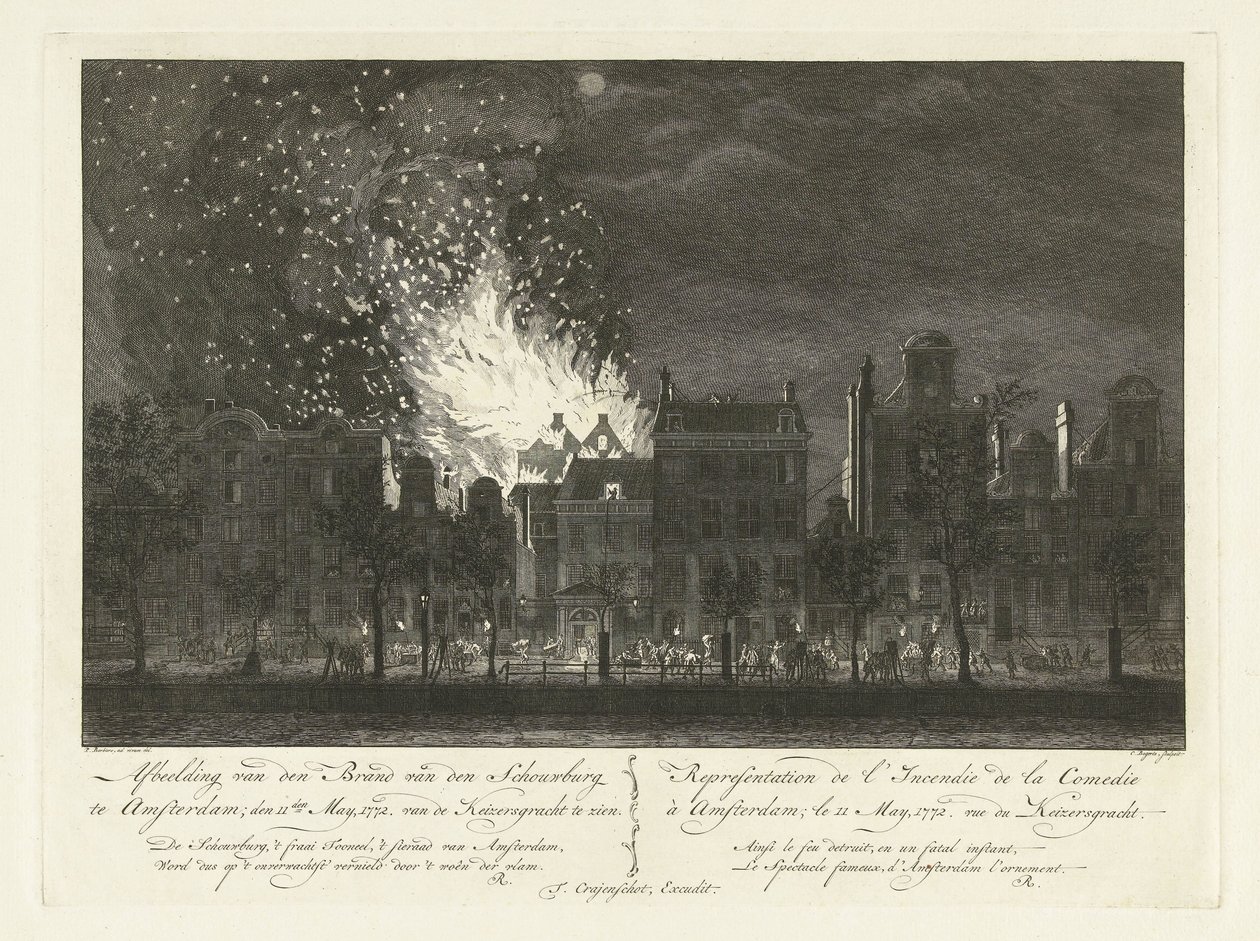 Tűz az Amsterdamse Schouwburgban a Keizersgracht túloldaláról nézve, 1772 Az amszterdami Schouwburg tüzének ábrázolása; 1772. május 11. A Keizersgrachtból látni / Representation de l