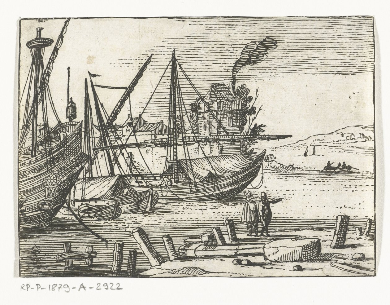 Kikötőre néző két vitorlás és egy galleon, két férfi áll a rakparton Landscapes and Marines (sorozat címe) alkotó: Cornelis Bol (attributed to)