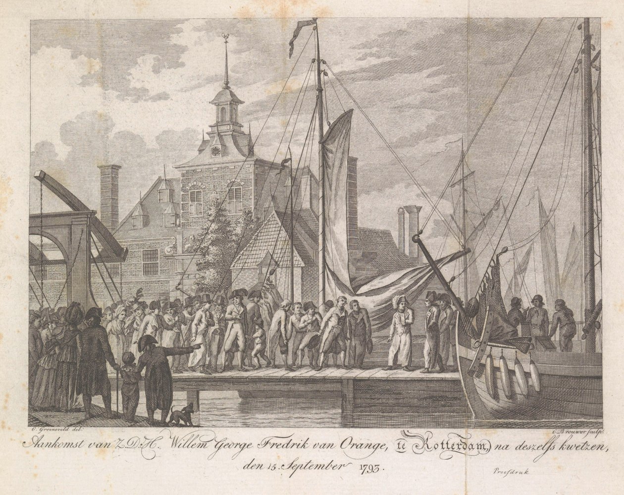 Willem George Frederik megsebesült herceg érkezése Rotterdamba, 1793 Z.D.H. érkezése Willem George Fredrik van Oranje, Rotterdamban, sérülései után, 1793. szeptember 15. (cím a tárgyon) alkotó: Cornelis Brouwer