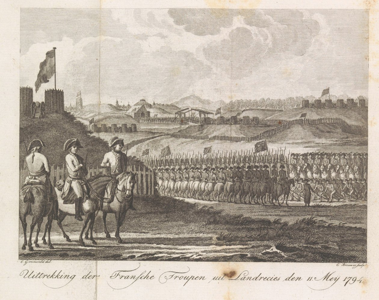 A francia csapatok elhagyják Landrecyt, 1794 A francia serleg kivonata Landrecies den-ből 1794. május 11. (cím a tárgyon) alkotó: Cornelis Brouwer