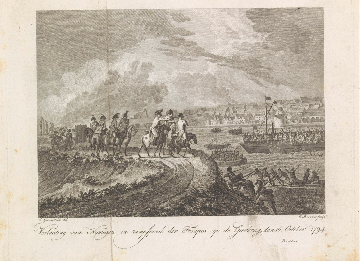Francia löveg a menekülő csapatokkal a Gierbrugon, 1794 Nymegen elhagyása és a Vulture Bridge csapatainak katasztrófája, 1794. október 16. (cím a tárgyon) alkotó: Cornelis Brouwer