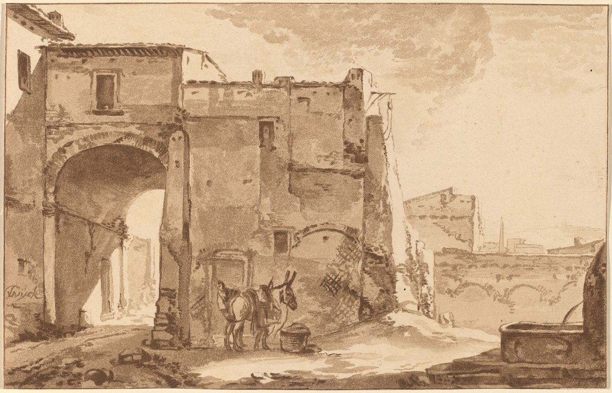 Gateway with Traveller and Mule, 1781, 1782-ben jelent meg. alkotó: Cornelis Brouwer