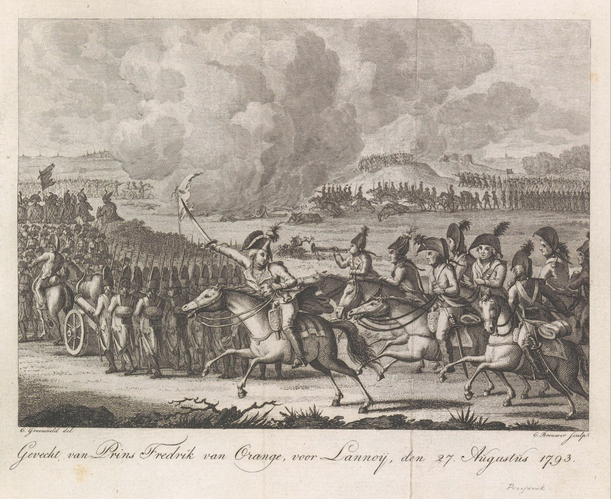 William George Frederik herceg a lannoyi csatában, 1793 Frigyes orániai herceg csata Lannoy előtt, 1793. augusztus 27. (cím a tárgyon) alkotó: Cornelis Brouwer