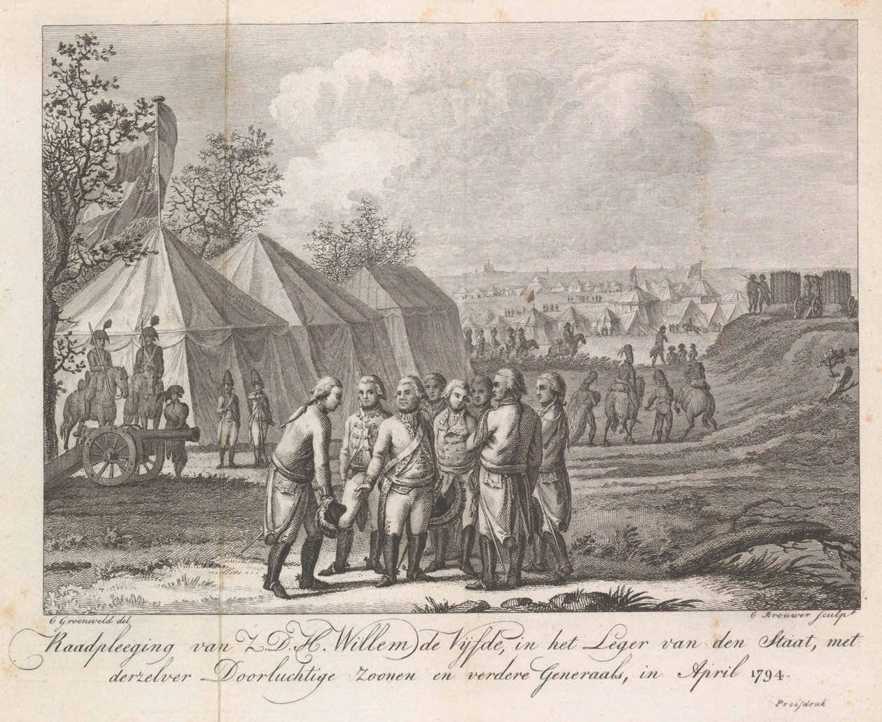 V. Vilmos fiaival a hadsereg táborában, 1794 Z.D.H. Ötödik Vilmos, az állam hadseregében, derűs fiaival és más tábornokokkal, 1794 áprilisában (cím a tárgyon) alkotó: Cornelis Brouwer