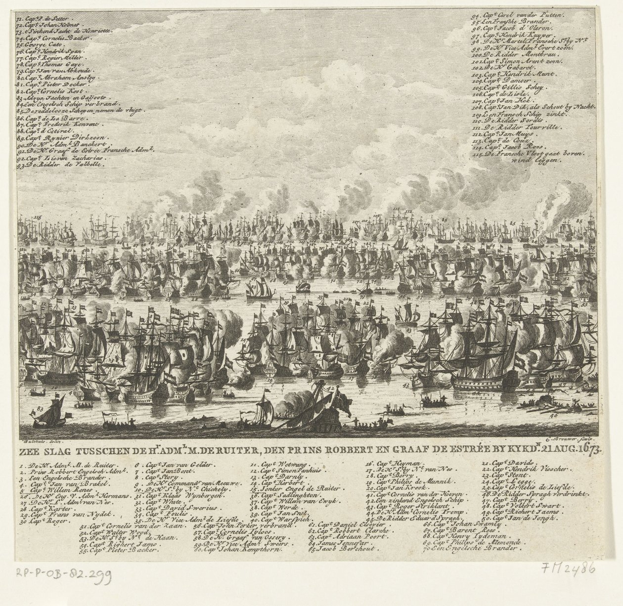 Kijkduini csata, 1673 Tengeri csata között a Hr. adml. M. de Ruiter, Robbert herceg és de Estrée gróf, Kykdn. 1673. augusztus 21. (cím a tárgyon) alkotó: Cornelis Brouwer