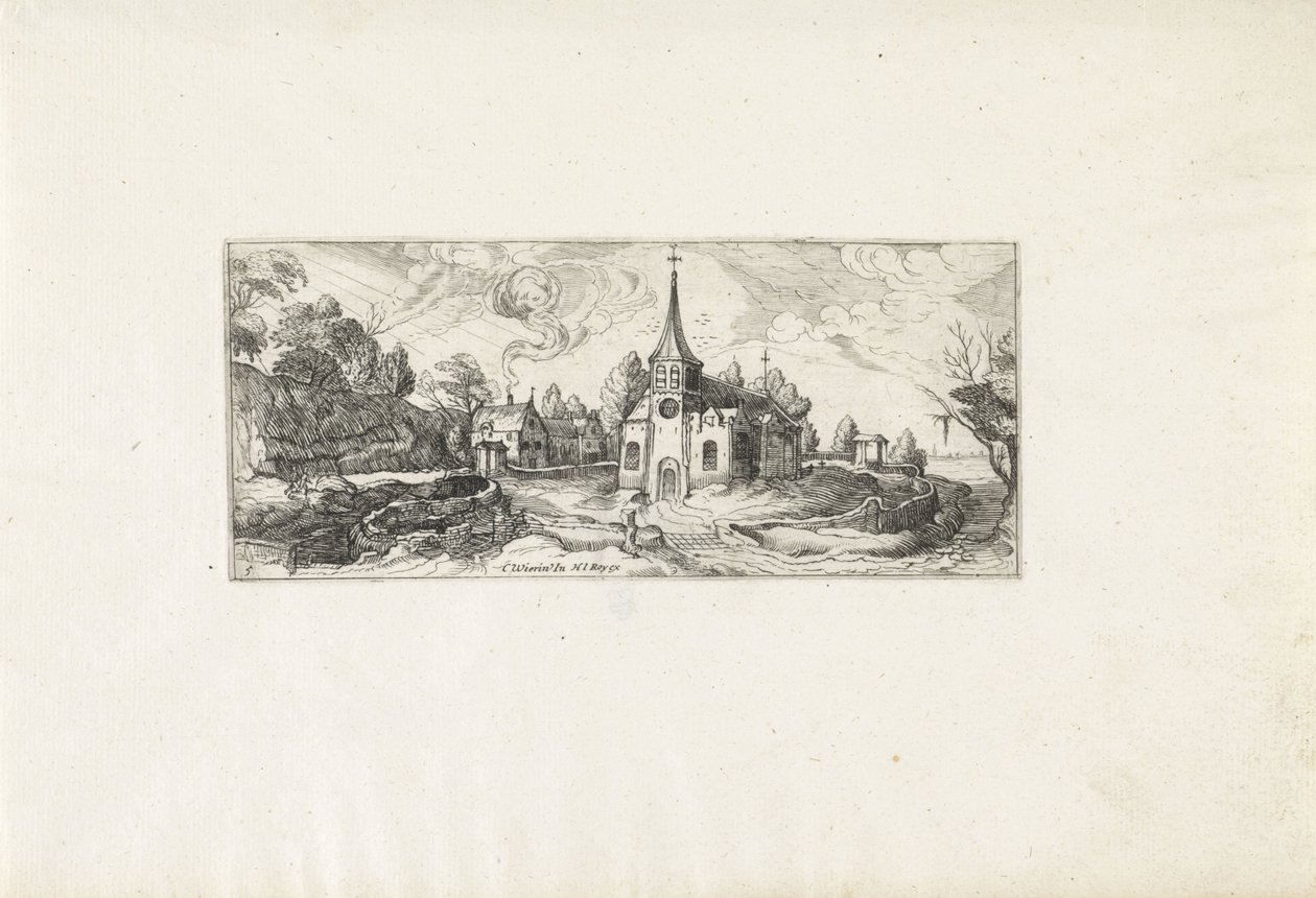 Táj, kilátással a templomra egy faluban Tájképek (sorozat címe) alkotó: Cornelis Claesz van Wieringen (possibly)