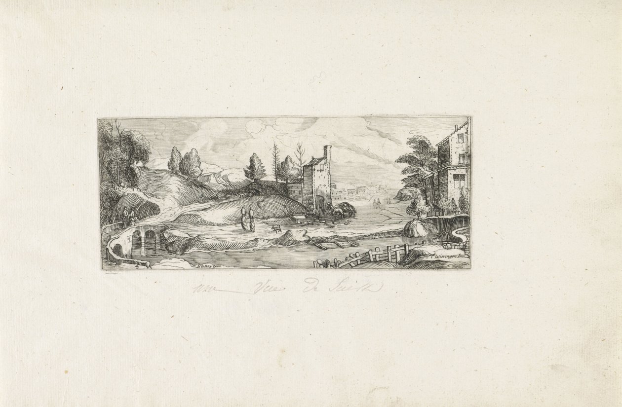 Folyói táj két nővel a hídon Tájképek (sorozat címe) alkotó: Cornelis Claesz van Wieringen (possibly)