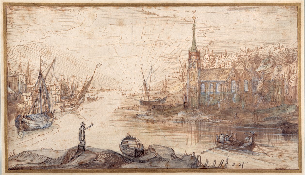 Kikötői jelenet hajózással és templommal napnyugtakor (toll és barna tinta barna mosással a papíron) alkotó: Cornelis Claesz  van Wieringen