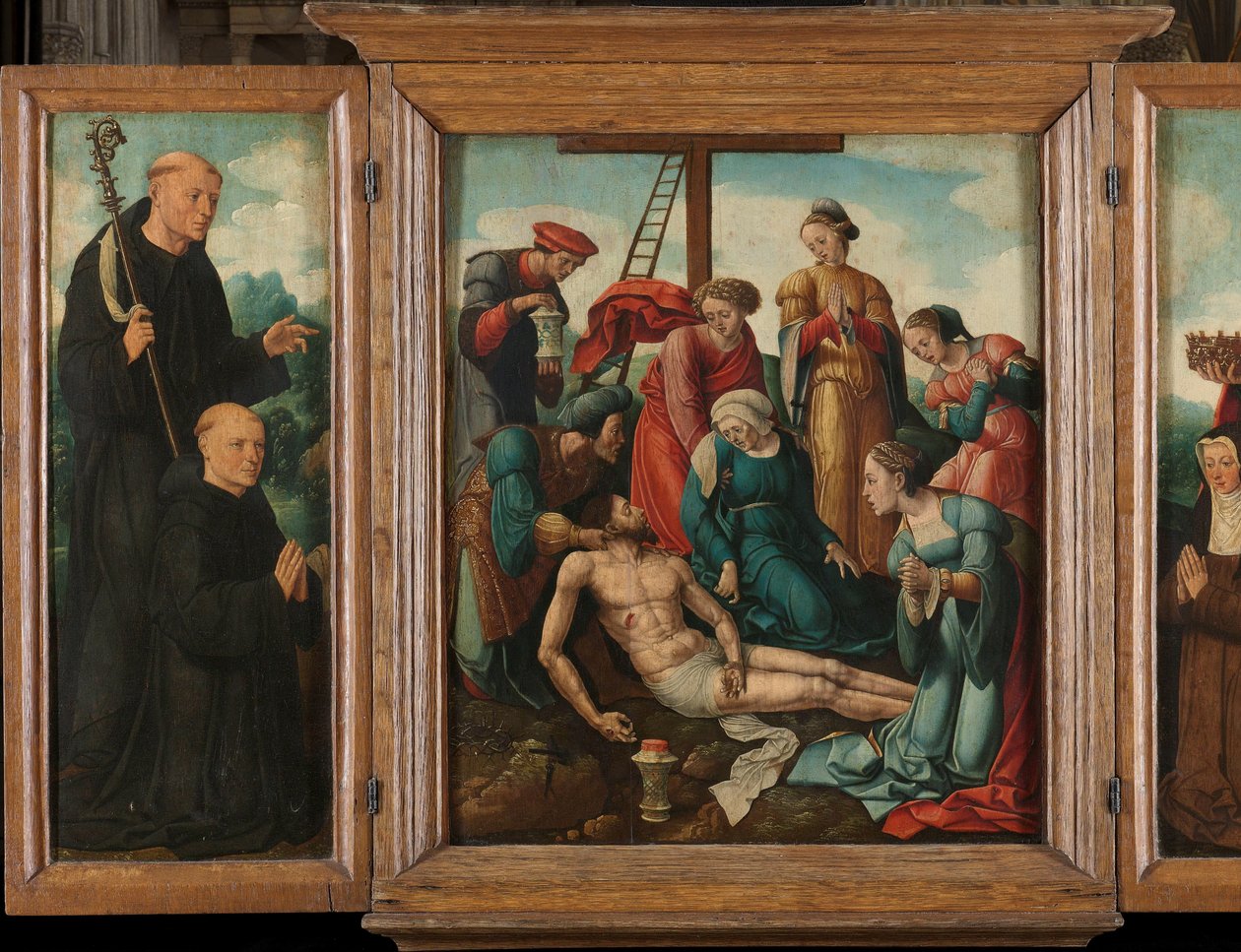 Triptichon Krisztus siralmával (középen), mellette a férfi donor Szent Benedekkel (balra, belső szárny) és női donor Türingiai Szent Erzsébettel (jobbra, belső szárny) alkotó: Cornelis Cornelisz II Buys (attributed to)