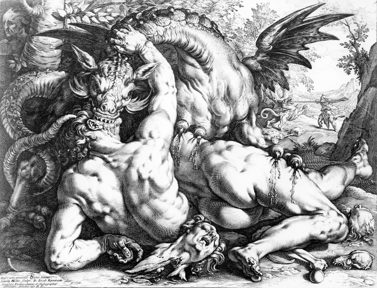 A sárkány felfalja Kadmusz társait, metszett Hendrik Goltzius, 1588 alkotó: Cornelis Cornelisz van Haarlem