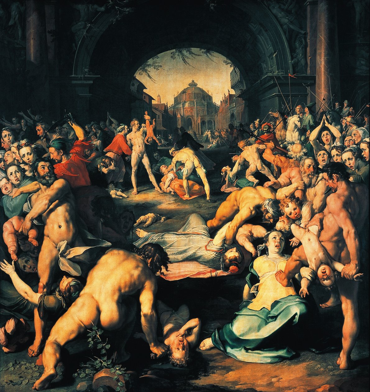 Ártatlanok lemészárlása, triptichon központi táblája, Cornelis Cornelisz van Haarlem (1562-1638) alkotó: Cornelis Cornelisz. van Haarlem
