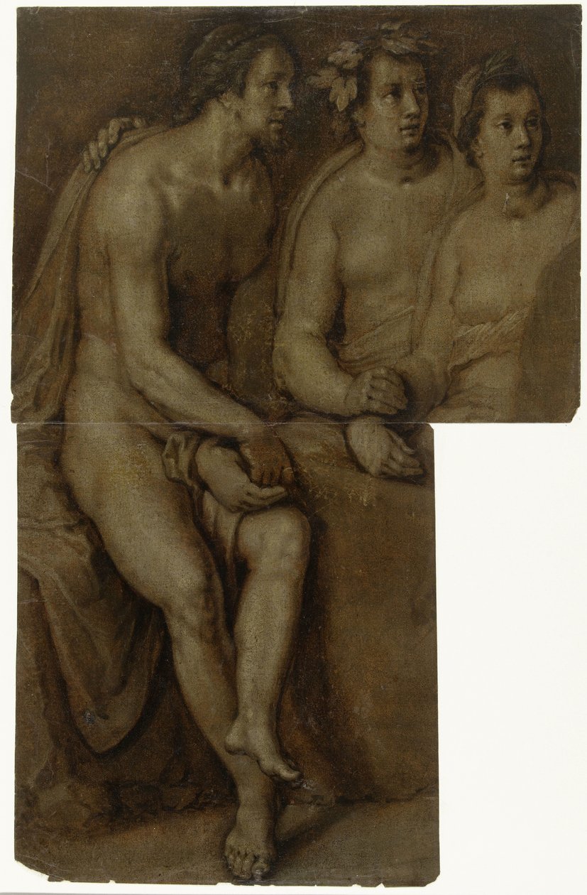 Félhosszú tanulmányok egy ülő meztelen férfiról és két nőről alkotó: Cornelis Cornelisz. van Haarlem