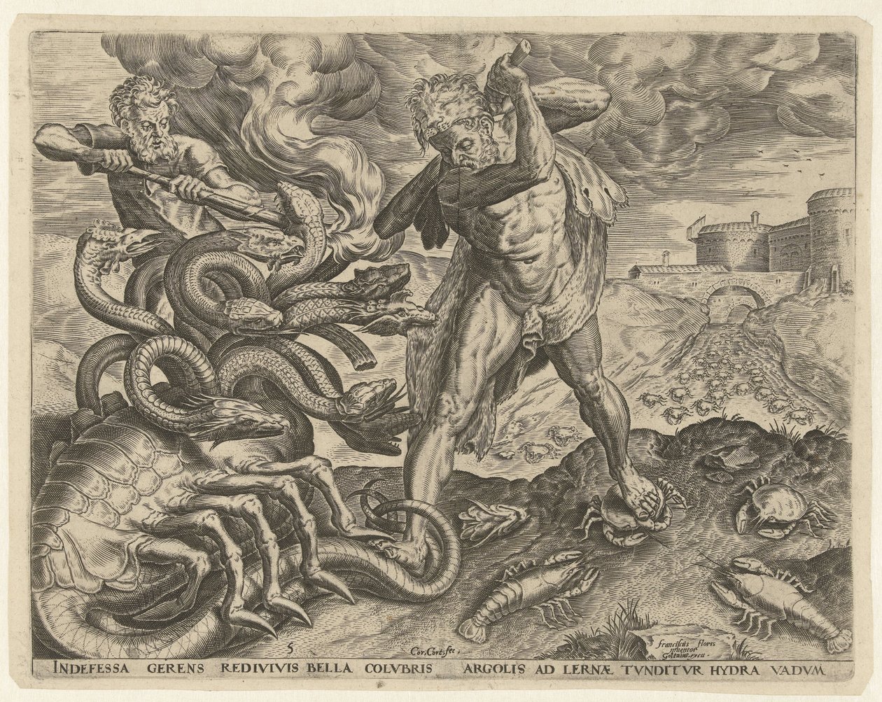 Herkules meghódítja Lerna hidráját Hercules munkái (sorozat címe) alkotó: Cornelis Cort