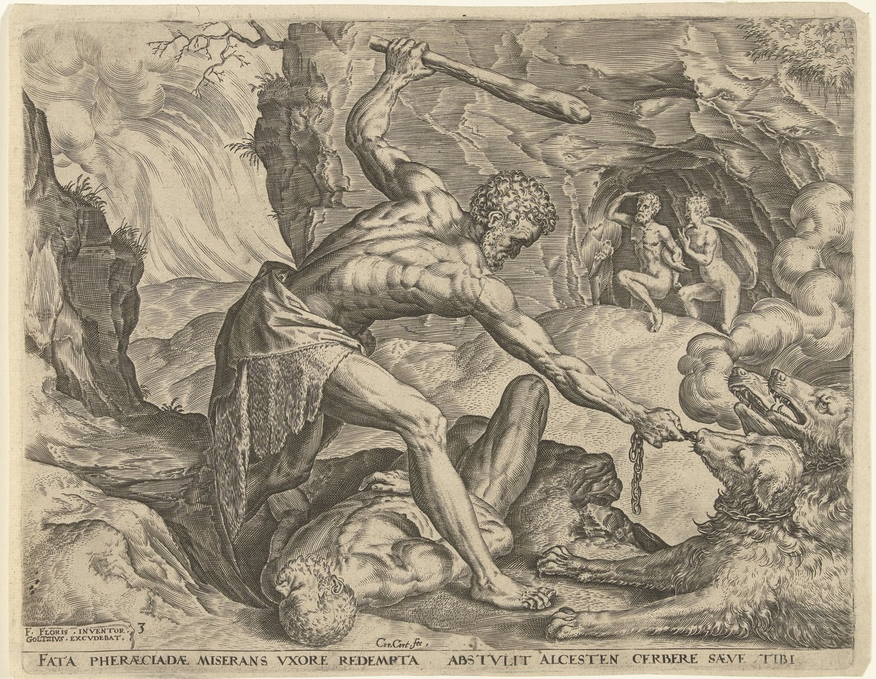 Herkules kirángatja Cerberust a pokolból Hercules munkái (sorozat címe) alkotó: Cornelis Cort