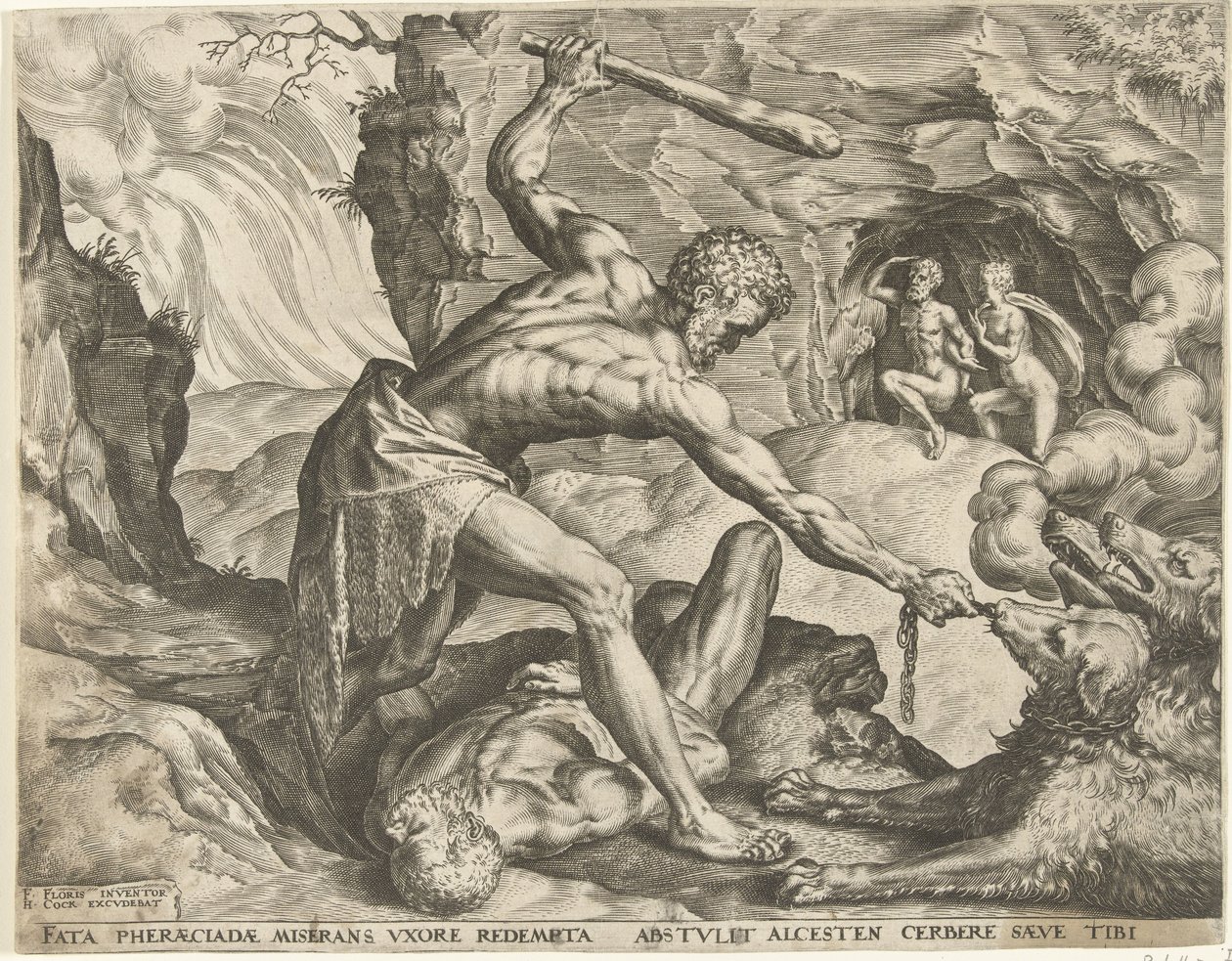 Herkules kirángatja Cerberust a pokolból Hercules munkái (sorozat címe) alkotó: Cornelis Cort