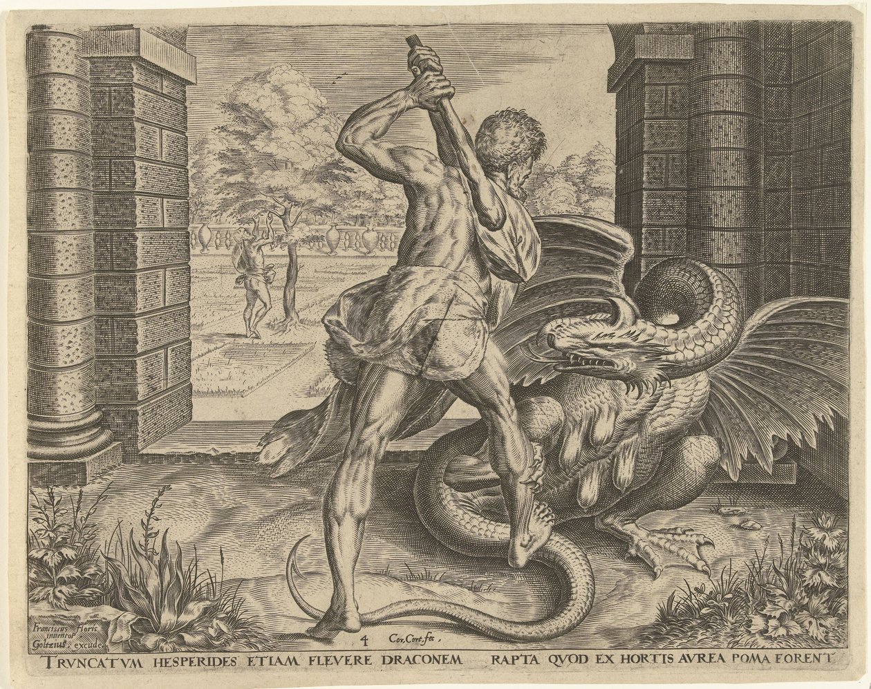 Herkules ellopja a Heszperidok aranyalmáit Hercules munkái (sorozat címe) alkotó: Cornelis Cort