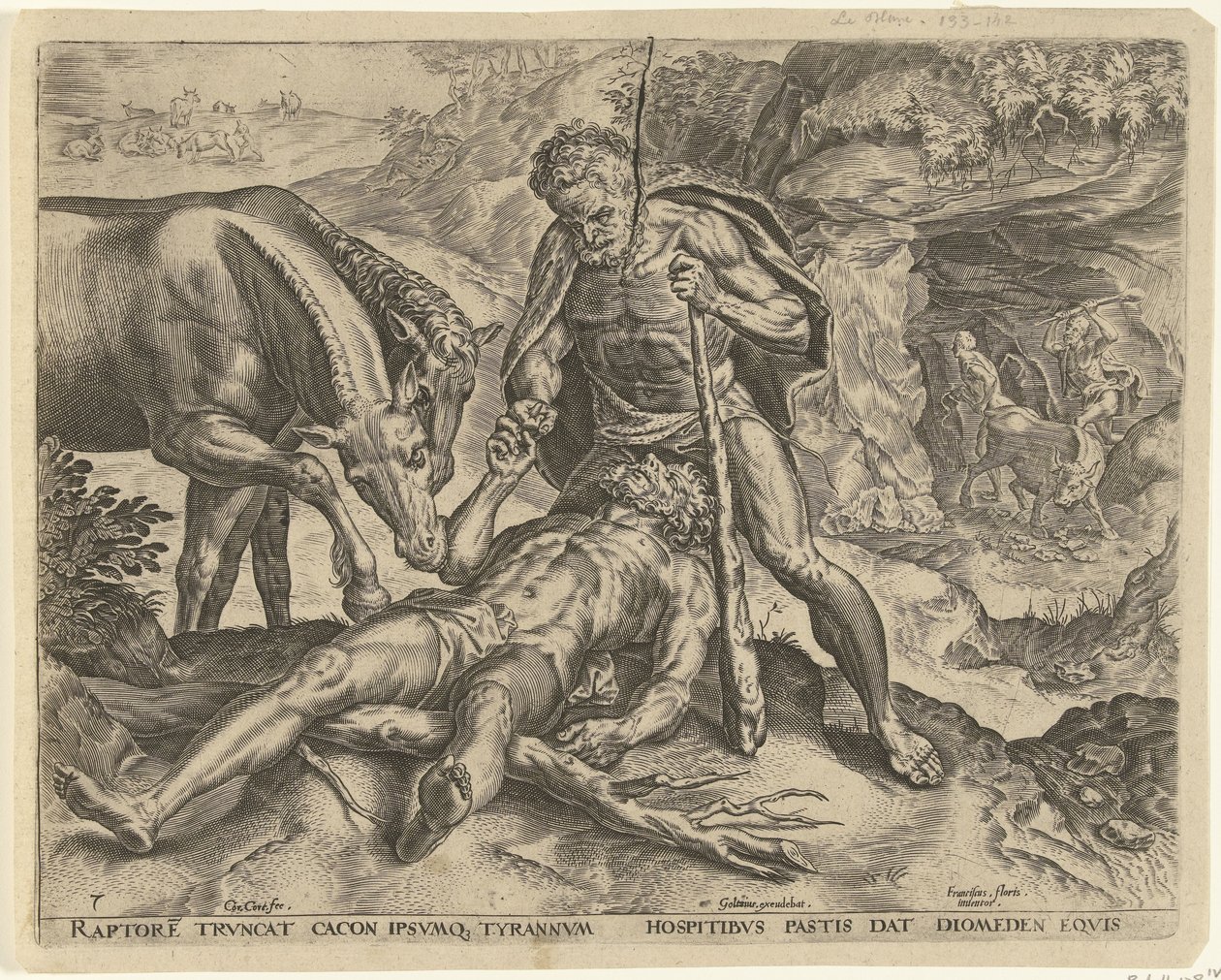 Herkules megeteti Diomédest a lovaival Hercules munkái (sorozat címe) alkotó: Cornelis Cort