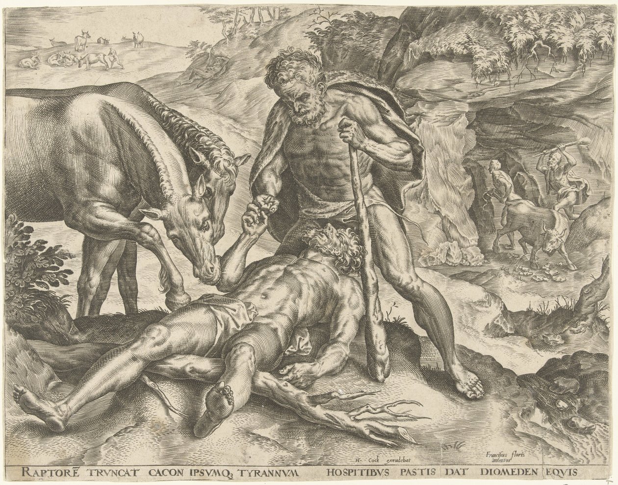 Herkules megeteti Diomédest a lovaival Hercules munkái (sorozat címe) alkotó: Cornelis Cort