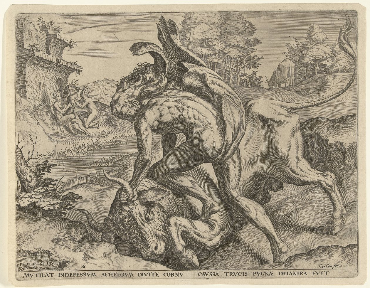 Herkules Achelousszal birkózik Hercules munkái (sorozat címe) alkotó: Cornelis Cort
