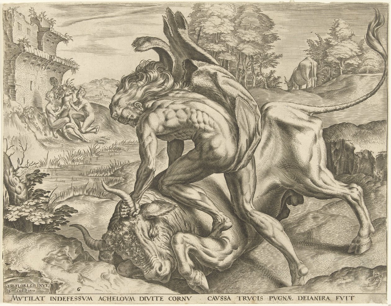 Herkules Achelousszal birkózik Hercules munkái (sorozat címe) alkotó: Cornelis Cort