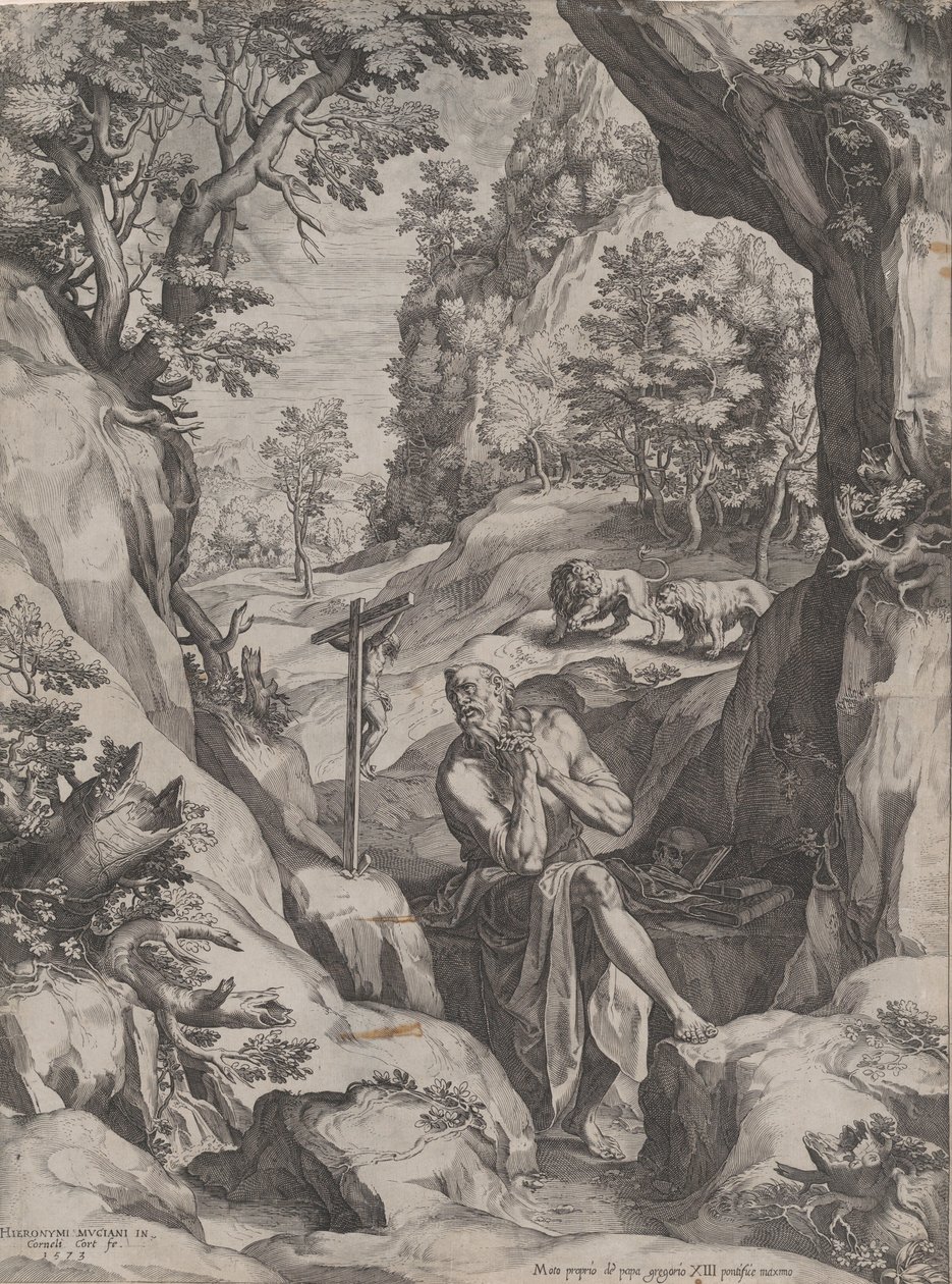 Szent Jeromos bűnbánó a vadonban, 1573. alkotó: Cornelis Cort