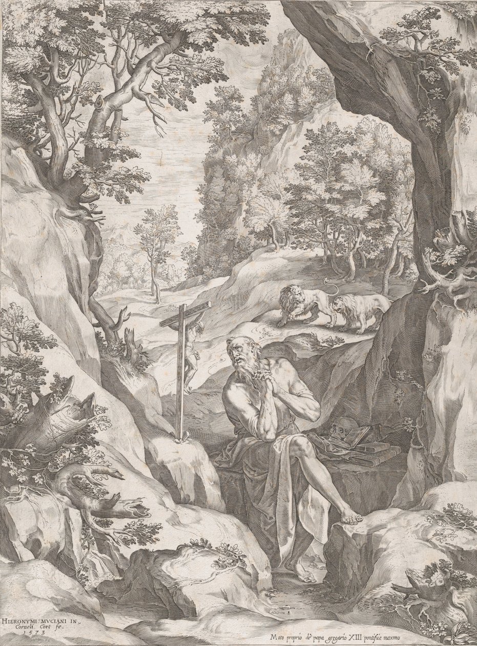 Szent Jeromos bűnbánó a vadonban, 1573. alkotó: Cornelis Cort