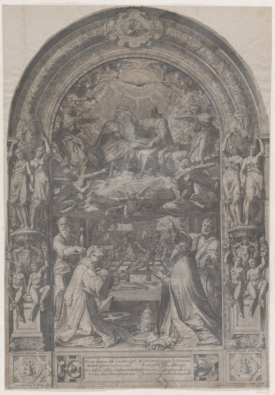 A Szűz koronázása Szent Lőrinccel, Szent Pállal, Szent Péterrel és Szent Sixtusszal, 1576. alkotó: Cornelis Cort