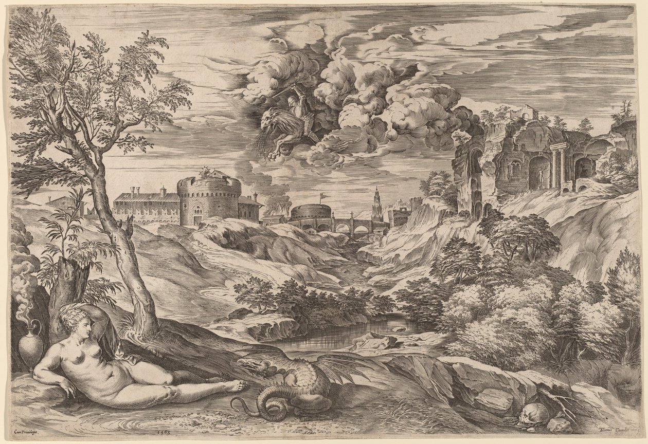Tájkép Roger felszabadító Angelicával alkotó: Cornelis Cort after Titian