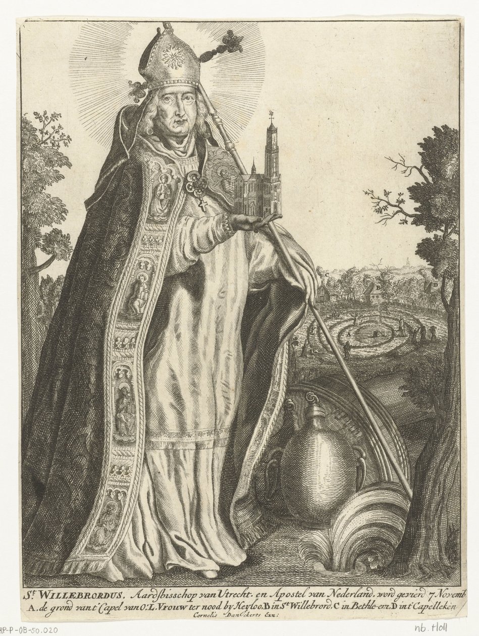 Saint Willibrord érsek az utrechti Dom templommodelljével St. Willebrord (cím a tárgyon) alkotó: Cornelis Danckerts (I)