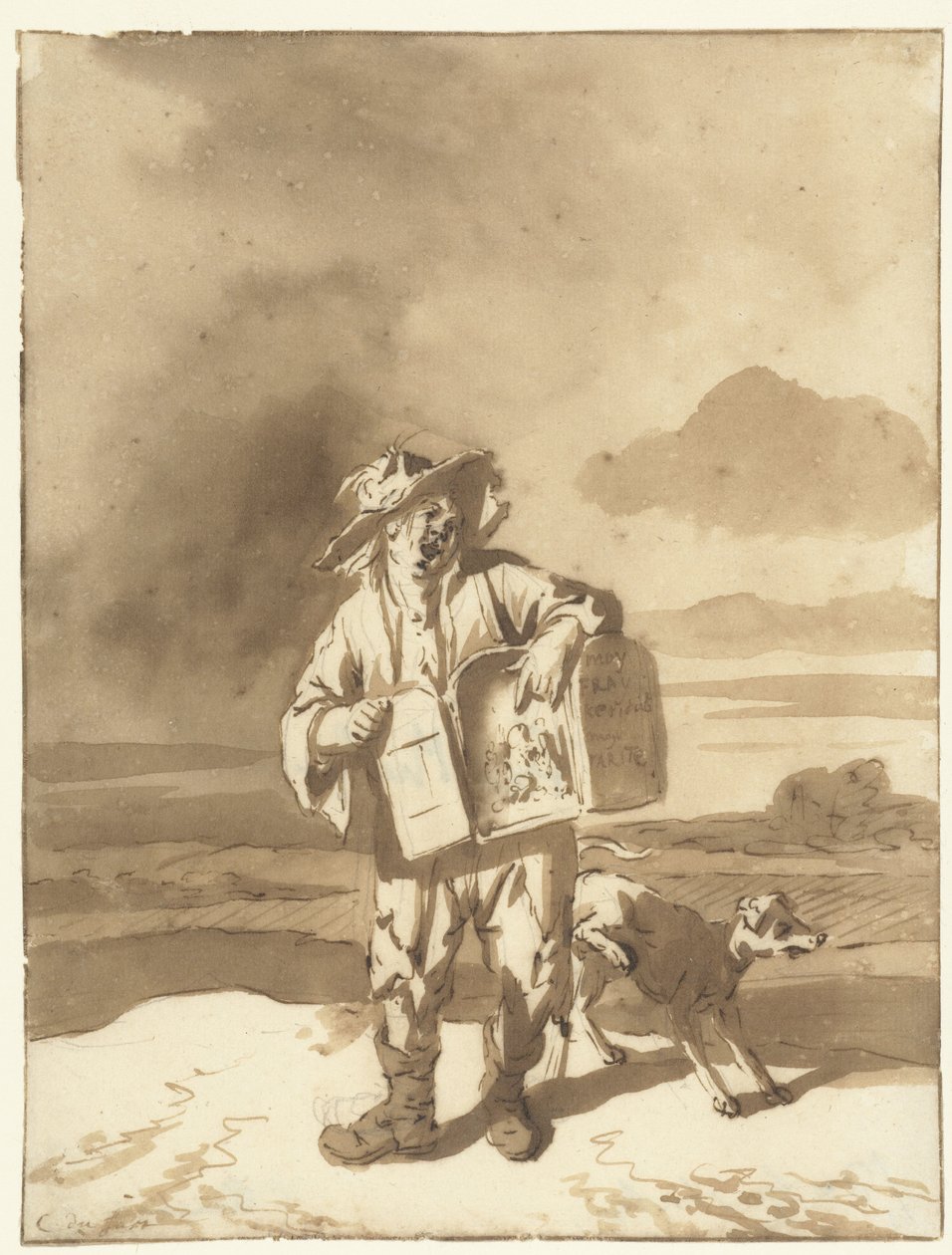 Fiatal férfi kukucskálóval és kutyával Fiú kilátóval és kutyával, 1700 körül alkotó: Cornelis Dusart