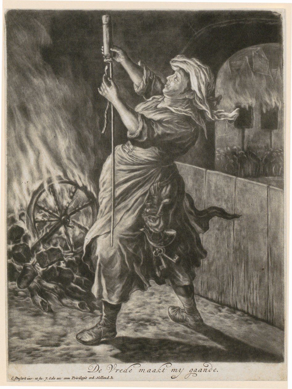Egy nő jelzőrakétát gyújt, az „Általános öröm Namur III. Vilmos általi ostroma felett, 1695” című sorozat 5. lapja alkotó: Cornelis Dusart