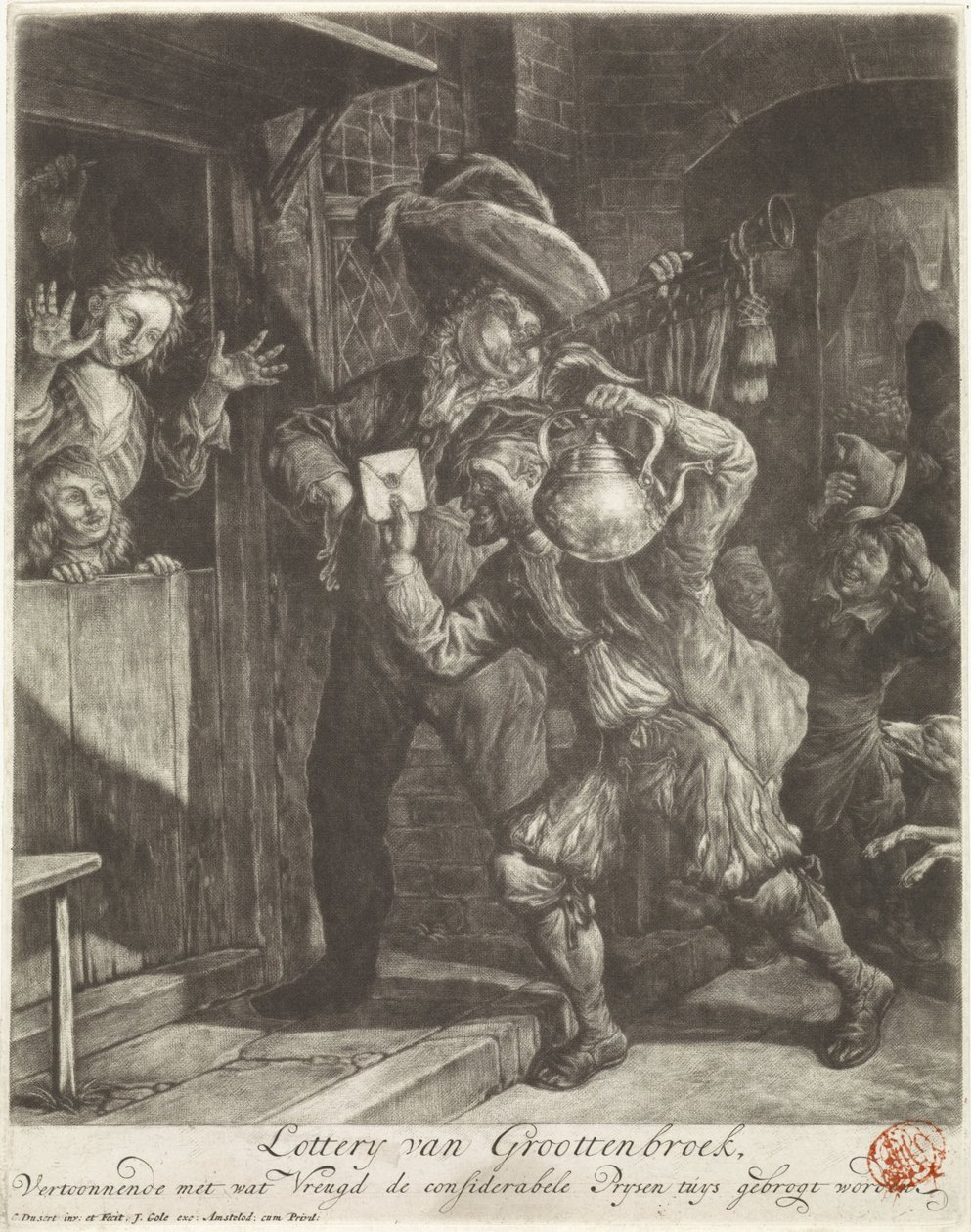 Grootebroek lottója, 1694 Lottery van Groottenbroek, Megmutatja, milyen örömmel örvendeztetik meg a figyelmes Prysen tuys (cím a tárgyon) alkotó: Cornelis Dusart