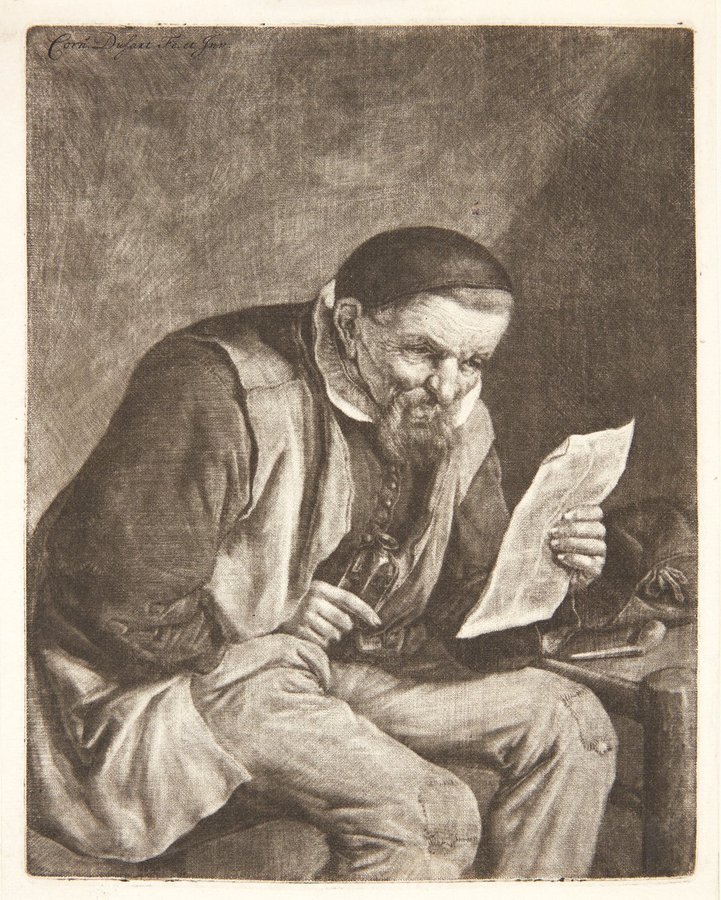 Levelet olvasó ülő paraszt alkotó: Cornelis Dusart