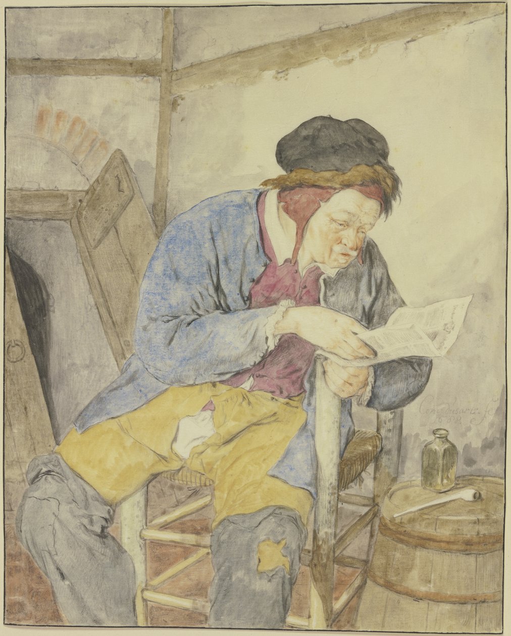 Újságolvasó egy hordó mellett alkotó: Cornelis Dusart