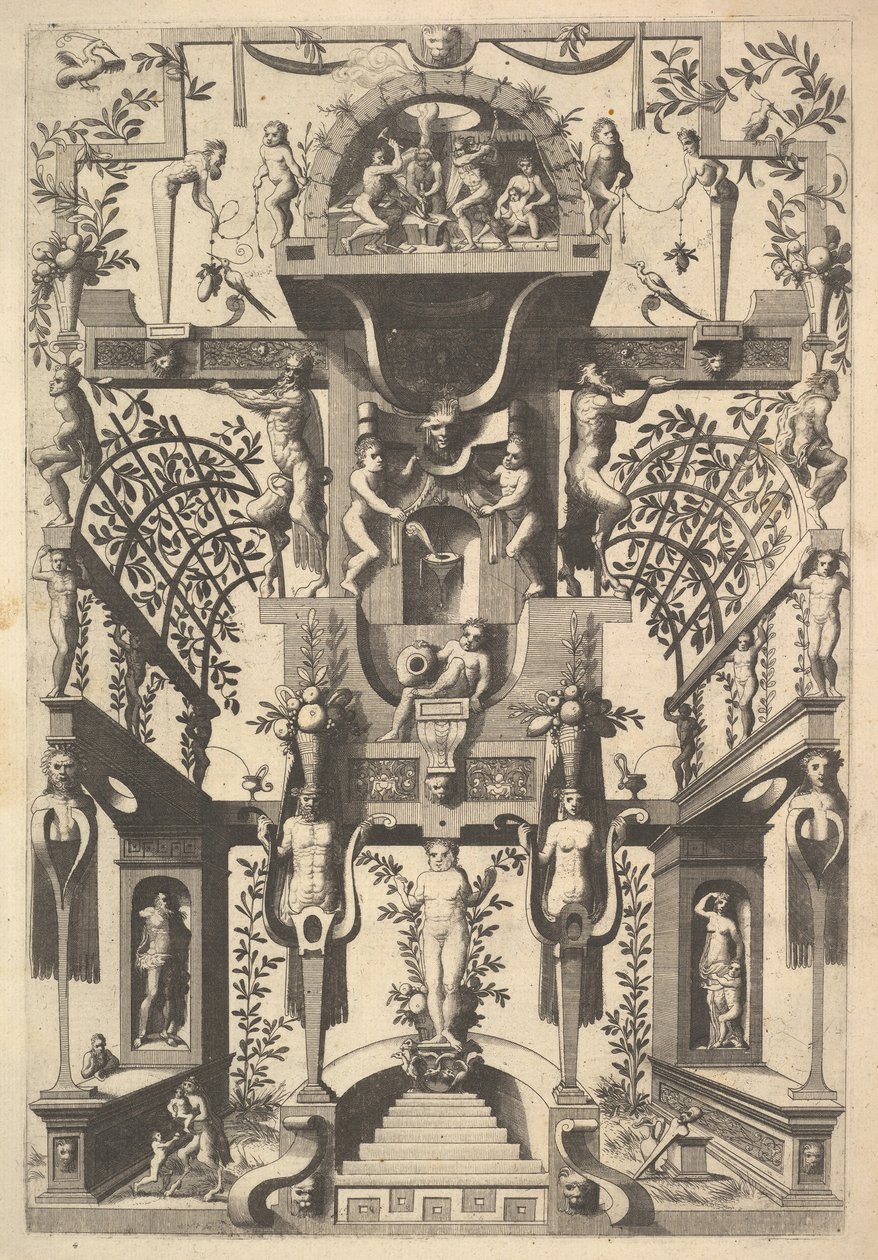 Fantasztikus építészeti szerkezet pántokkal és két pergolával és egy kis jelenettel a Vu...-val, 1557. alkotó: Cornelis Floris Ii