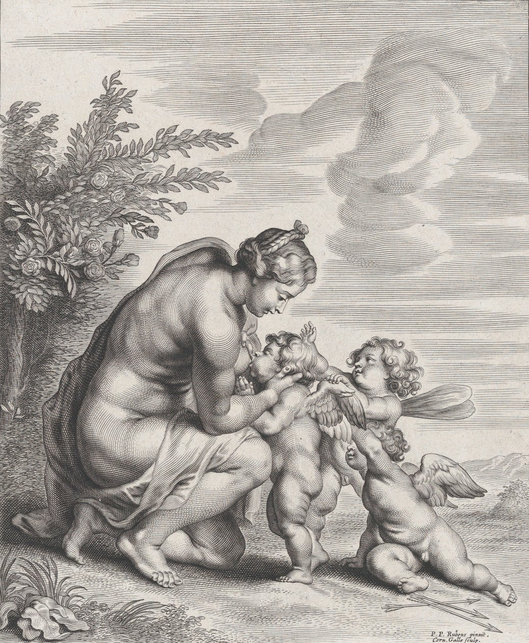 Vénusz három Ámort szoptat egy tájban, kb. 1627-78. alkotó: Cornelis Galle II