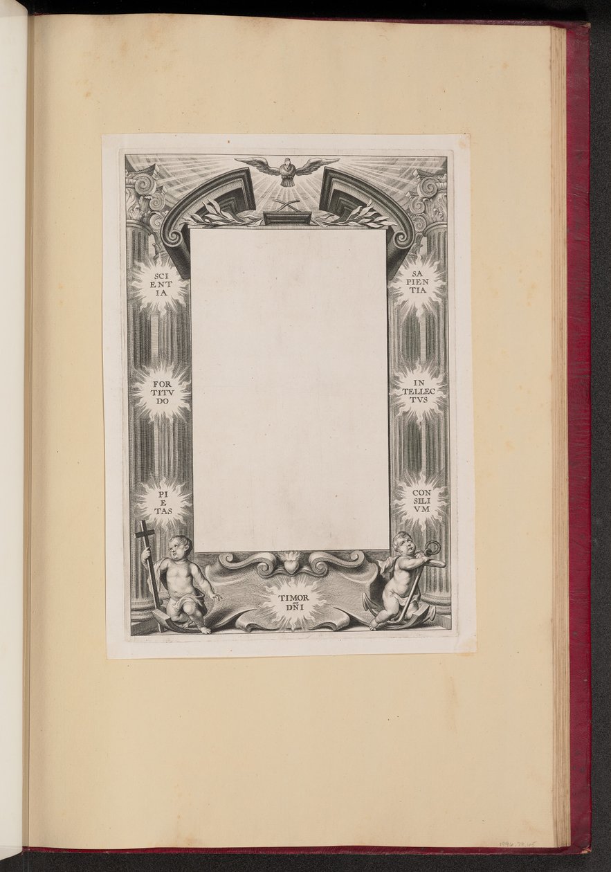 Szegély-illusztráció két puttival: "Tudás, Erősség, Jámborság, Félelem-DNI, Bölcsesség, Értelmek, Konzilivm" alkotó: Cornelis Galle I