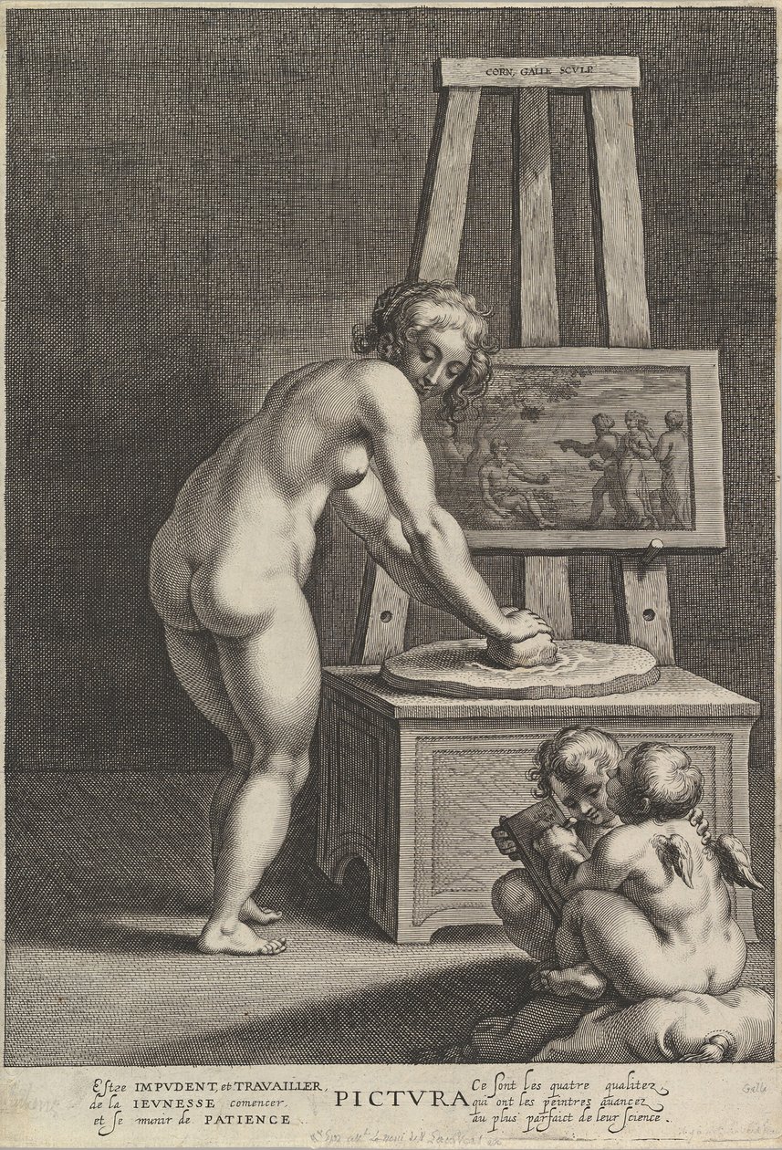 Pictura: a festészet allegóriája, középen egy meztelen nővel, mely pigmenteket csiszol, két p..., kb. 1610-50. alkotó: Cornelis Galle I