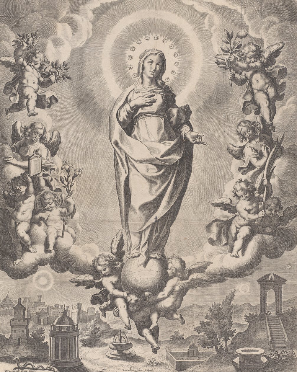 A Szűz a dicsőségben, a felhőkön állva, körülvéve a szimbólumokat tartó angyalokkal ..., 1595-1633. alkotó: Cornelis Galle I