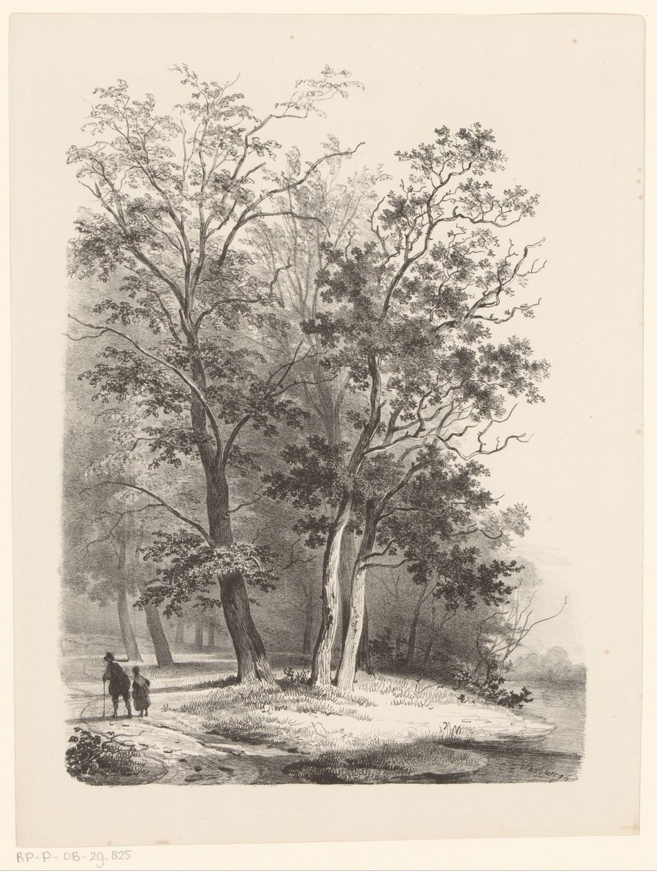 Két alak sétál egy erdőben alkotó: Cornelis Gerrit Verburgh
