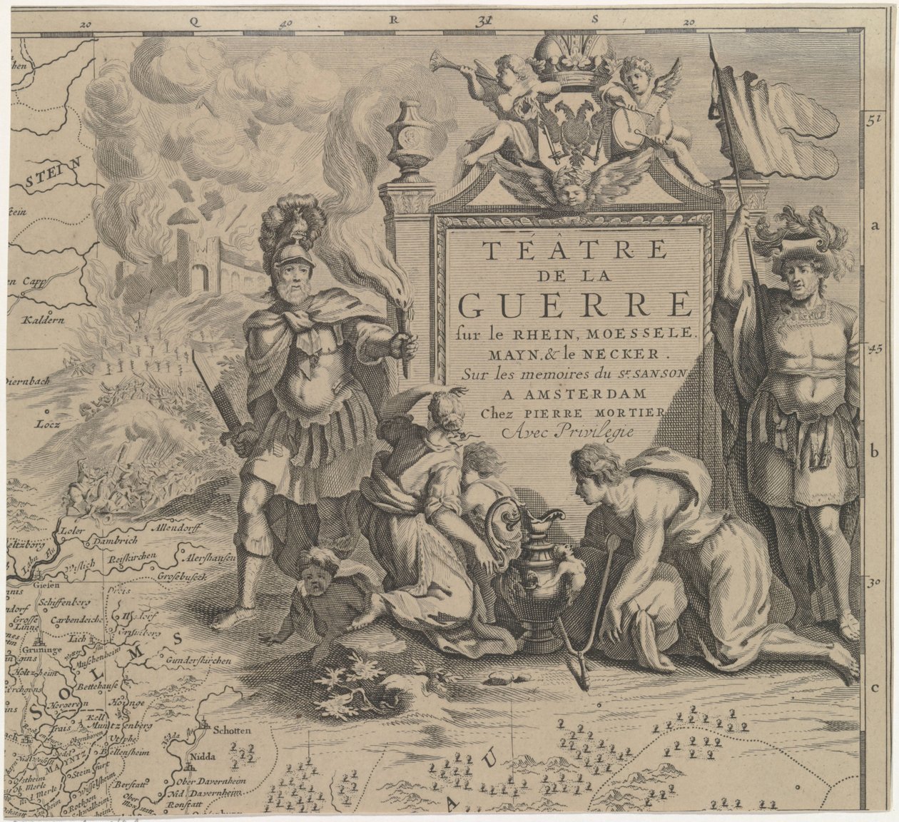 A németországi Marburg és Frankfurt am Main közötti Solms régió térképe (jobb felső lap) Téâtre de la Guerre sur le Rhein, Moessele, Mayn és le Necker (cím a tárgyon) alkotó: Cornelis Huyberts