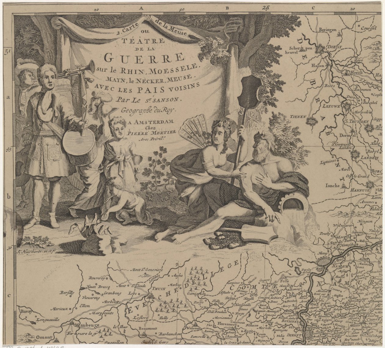 A Brüsszeltől keletre és délre fekvő régió, valamint Namur megye térképe (a levél bal felső részén) Carte de la Meuse ou Téâtre de la Guerre sur le Rhein, Moessele, Mayn, le Necker, Meuse avec les pais voisins (cím a tárgyon) alkotó: Cornelis Huyberts