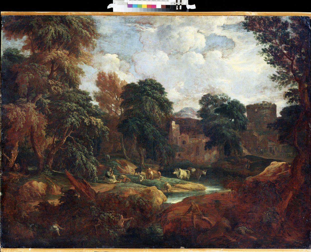 ""Völgy Flandriában nyáron tehéncsordával a folyó mellett"" Constantinus Cornelis Huysmans (1648-1727) festménye Mikhail Kroshitsky Művészeti Múzeum, Szevasztopol (Szevasztopol) Ukrajna alkotó: Cornelis Huysmans