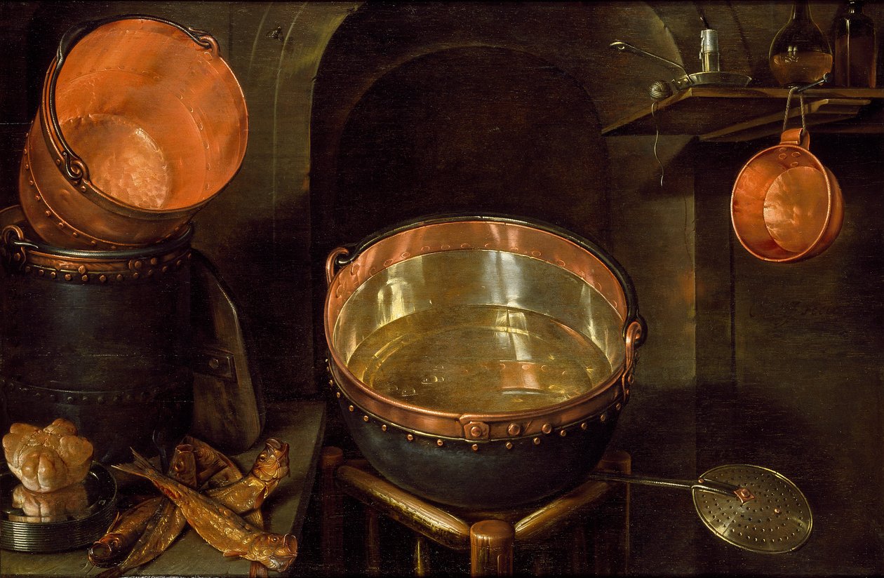 Konyhai eszközök csendélete, 17. század eleje alkotó: Cornelis Jacobsz Delff